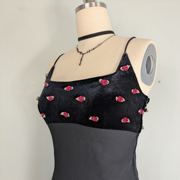 Vintage Zum Prom Dress Maxi Gown M Black Velvet Goth Y2K Babydoll Floral Grunge - Picture 5 of 13